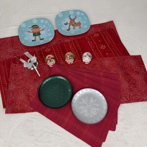 Christmas Snow globes Red Holiday Red Table Runners Plates Silver Mistletoe Bell